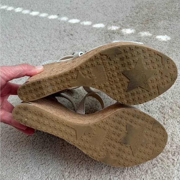 Jimmy Choo White Woven Leather Portia Cork Wedge Platform Sandals Sz 38.5 US 8.5 - Picture 9 of 11